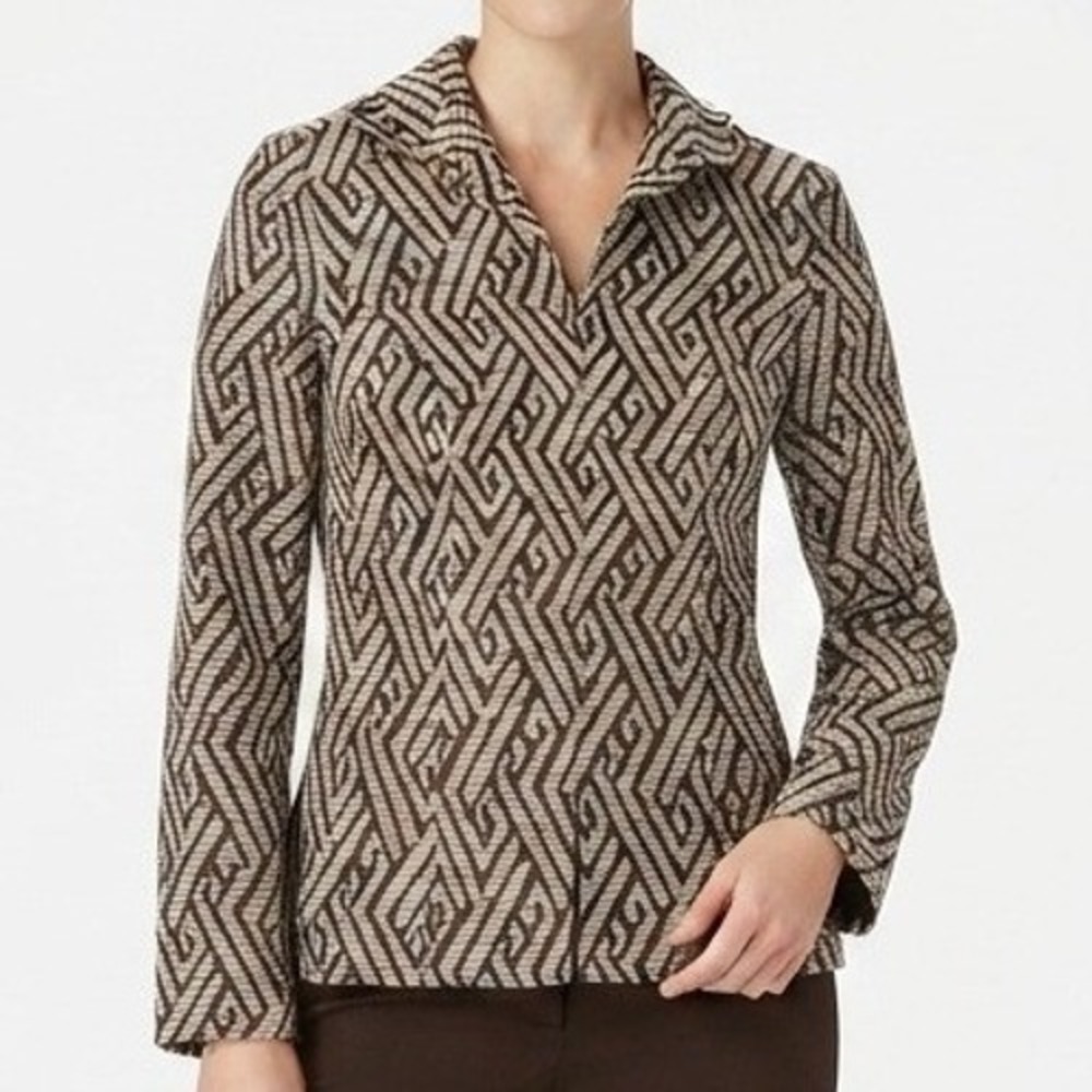 Chico's Blazer Jacket Women Size 0 Small Brown Geometric Hook Eye Career